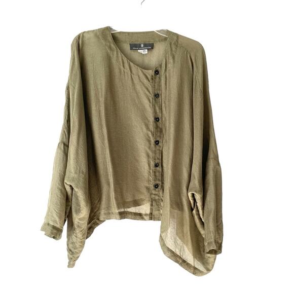 Shack Incorporated Olive Green Stripe Silk Oversized Flowy Blouse One Size Fits - Picture 1 of 6